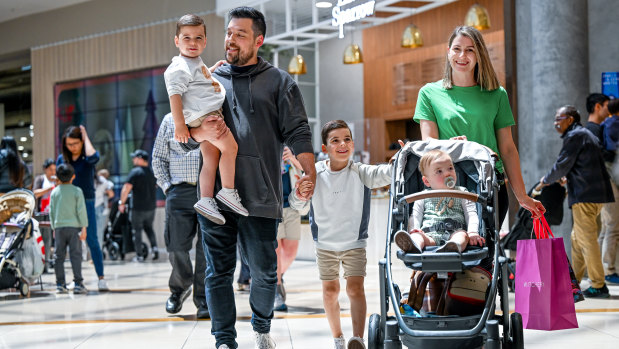 Sanja and Stephen Muddyman with their three children Thomas, Xander and Billy spend time at Chadstone Shopping Centre on Friday. 