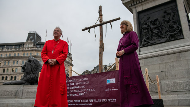 Archbishop of Westminster, Vincent Cardinal Nichols, and Bishop of London, Sarah Mullally, deliver Easter messages and a prayer in front of crucifix at Trafalgar Square on April 2, 2021 in London, England.