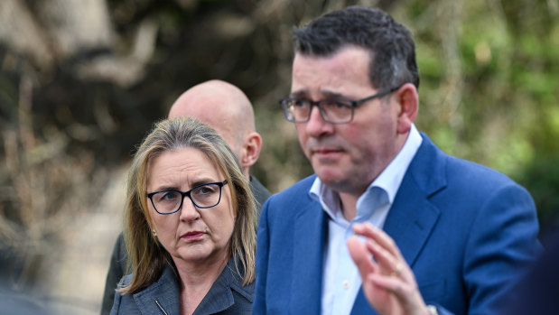 Victorian Deputy Premier Jacinta Allan and Premier Daniel Andrews last week, announcing the decision to cancel the 2026 Commonwealth Games.