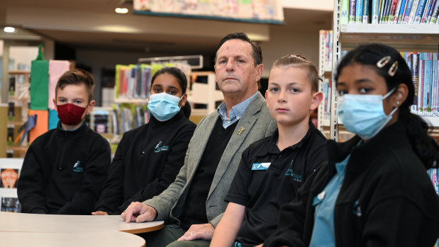 Lyndhurst Primary School is juggling COVID-19/flu and staffing shortages. L-r: Ryan Hunter, Aishy Badesha, Greg Lacey, principal, Patrick Robertson and Avani Puliyullathil. 