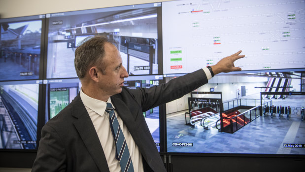 Transport Secretary Rodd Staples in the operations control centre for the metro line at Rouse Hill.