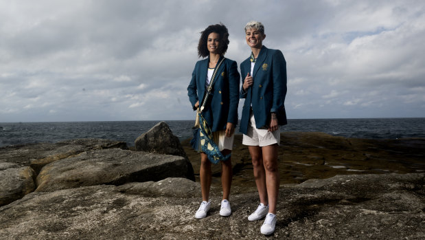 Michelle Heyman (right) with Australian sprinter Torrie Lewis on Wednesday.