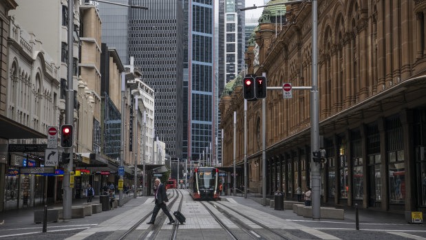 The virus has left city streets, like George Street in Sydney, empty.