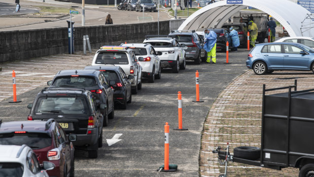 Cars queuing for the COVID-19 testing clinic at Bondi Beach on Tuesday.