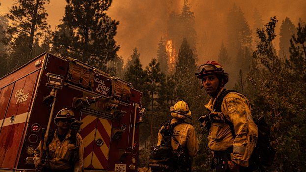 A CalFire crew assesses a spot fire near Mill Creek, California.