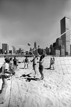 A volleyball game at the temporary beach. on May 15, 1977. 