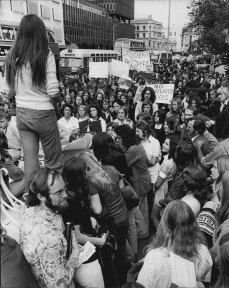 The scene at the Town Hall as the students listen to speeches.