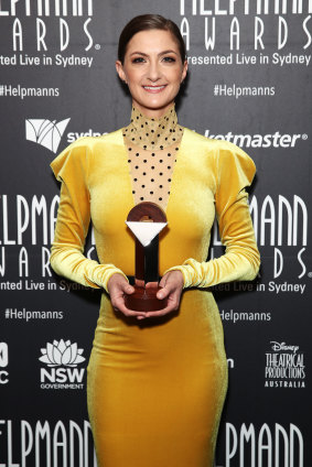 Esther Hannaford with the best actor award for Beautiful: The Carole King Musical at the Helpmann Awards on Monday.