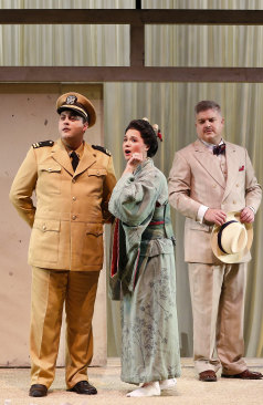 Matthew Reardon as Pinkerton, left, Anna Yun as Suzuki and Andrew Moran as Sharpless in Opera Australia's 'Madame Butterfly'.

