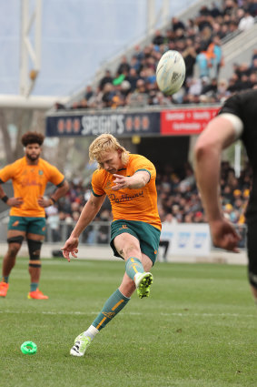 Carter Gordon kicks a goal against New Zealand in Dunedin.