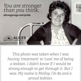 The cards that lesbian Malloy Rolfe handed out to the crowd tell of her conversion therapy in her 30s.
