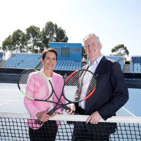 Moving on: Hugh Marks, with Tennis Australia chair Jayne Hrdlicka.