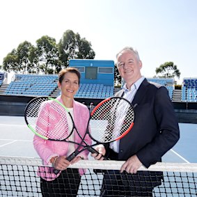 Moving on: Hugh Marks, with Tennis Australia chair Jayne Hrdlicka.