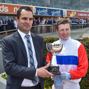 Andrew Forsman with Harry Coffey after Mr Maestro claimed the Neds Classic at Caulfield.