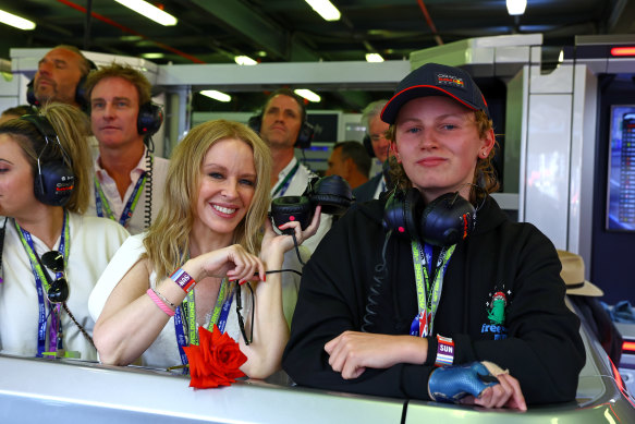 Kylie Minogue trackside at the grand prix.