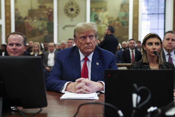 Donald Trump, with lawyers Christopher Kise and Alina Habba, at the closing arguments in the Trump Organisation civil fraud trial at New York State Supreme Court last month.