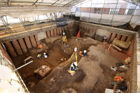 An archaeological dig in the grounds of Leicester Cathedral. Experts said they have uncovered what they believe to be a Roman shrine beneath a former graveyard in central England. 