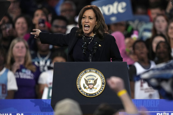 Vice President Kamala Harris speaks during a rally in Philadelphia.