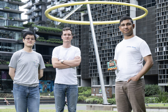Co-founders of Spiral Blue Henry Zhong, James Buttenshaw and Taofiq Huq. The Chippendale startup is putting next generation artificial intelligence computers on satellites to speed up the process of delivering images to earth.