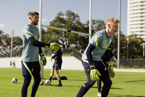 Socceroos captain Maty Ryan and fellow goalkeeper Tom Glover train at the NSWRL headquarters in Olympic Park.