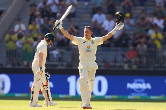 Marnus Labuschagne celebrates his century on day one against the West Indies.