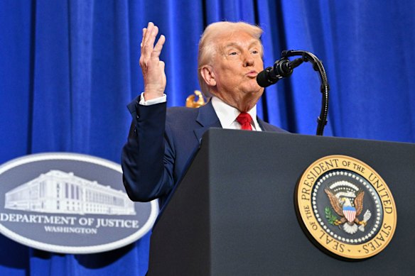 Donald Trump speaks at the headquarters of the Justice Department in March.