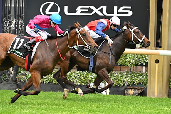Jett Stanley riding Stokke defeats Craig Williams riding Bred ’Em All in race 1, the Manhari Imperatriz Sprint during Cox Plate Day at Flemington.