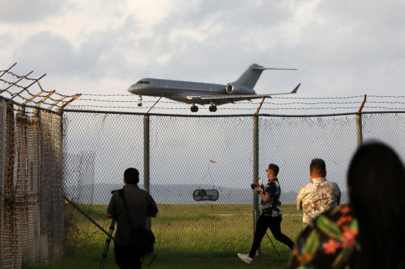 A plane believed to be carrying WikiLeaks founder Julian Assange lands at the Saipan International Airport.