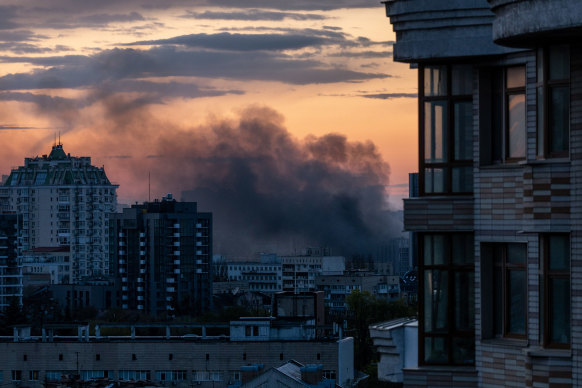 Smoke rises after an explosion in Kyiv.