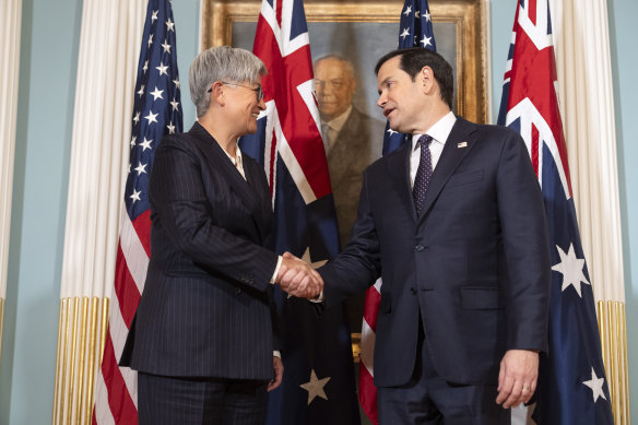 Foreign Minister Penny Wong and Secretary of State Marco Rubio met shortly after Rubio was sworn in at the US State Department in Washington. 