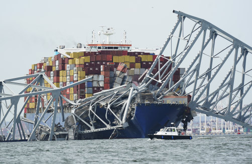 “Allision”: the MV Dali cargo ship after it hit Baltimore’s Francis Scott Key Bridge last month.