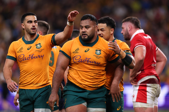 Taniela Tupou of the Wallabies celebrates a try against Wales in July