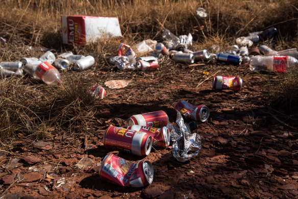 Empty cans and goon bags litter the suburb of East Newman. According to the Shire of East Pilbara, 90 per cent of domestic violence incidents in the shire are alcohol-related. 