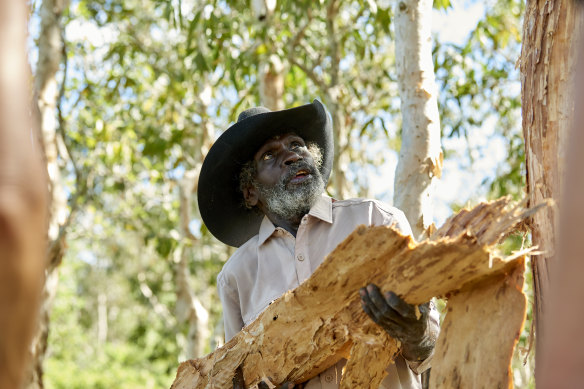 Frankie Guninyirrnyirr demonstrates different uses for stringybark. 