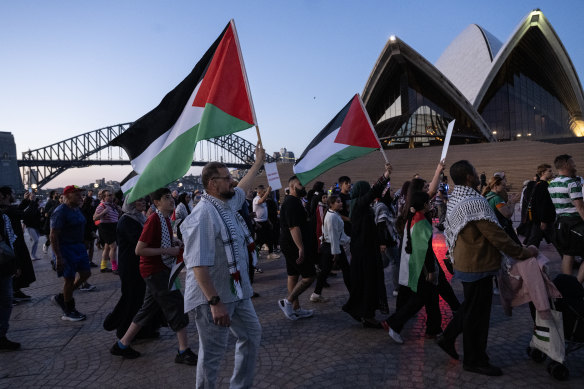 The pro-Palestinian rally at Sydney Opera House last week, at which protesters set off flares and yelled antisemitic abuse.