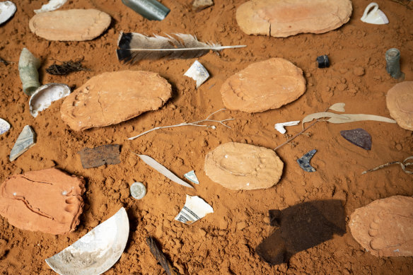 Clay river imprints and found objects from the public exhibition Barka, The Forgotten River.