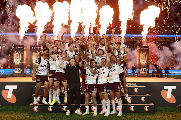 The Brisbane Broncos celebrate victory in last year’s NRL grand final. 