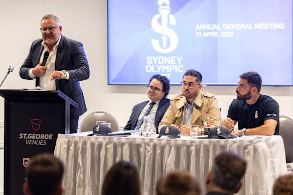 Former president Damon Hanlin addresses the AGM on Tuesday.