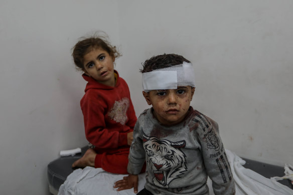 Palestinian children receive treatment at Kuwait Hospital after Israeli airstrikes on Rafah, on February 12.