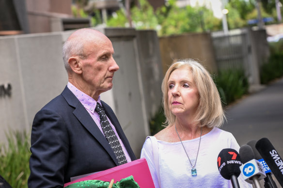 Grieving parents Brian and Marg Moylan outside the Coroners Court on Tuesday.