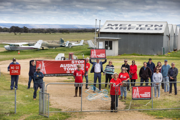 A protest against proposed power lines on the outskirts of Melton during last year’s state election campaign.