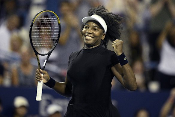 Venus Williams celebrates her win over Peyton Stearns during a match at the Citi Open tennis tournament Tuesday, July 22, 2025, in Washington. (AP Photo/Nick Wass)
