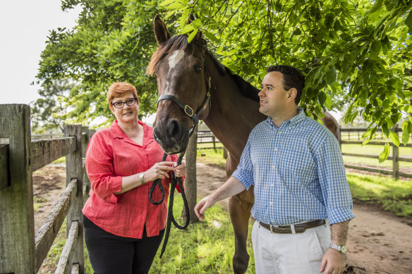 Marise Payne and Stuart Ayres with a horse in 2015.