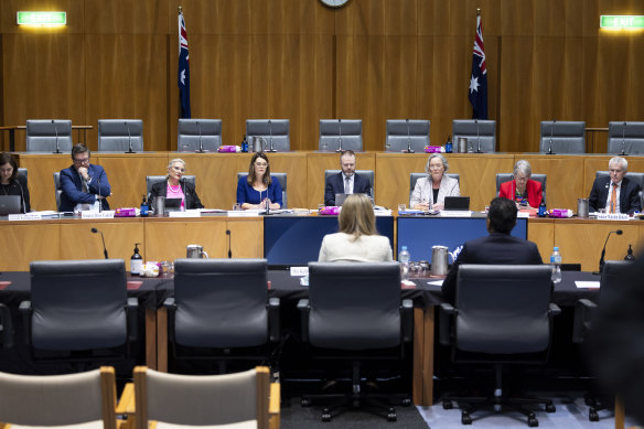 Optus chief Kelly Bayer Rosmarin and managing director of networks Lambo Kanagaratnam during the Senate hearing.