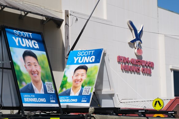 Liberal A-Frames for Bennelong candidate Scott Yung outside his campaign launch on Saturday. 