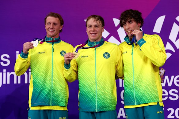 Gold medallist Sam Short (centre), silver medallist Elijah Winnington and bronze medallist Benjamin Goedemans.