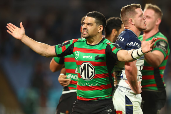 Cody Walker celebrates an Alex Johnston try.