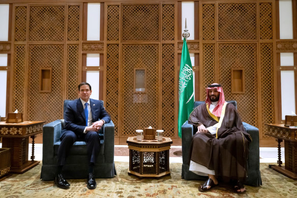 Marco Rubio and Saudi Crown Prince and Prime Minister Mohammed bin Salman meet at the Royal Palace in Jeddah.