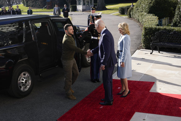 President Joe Biden greets Ukrainian President Volodymyr Zelenskyy as he welcomes him to the White House.