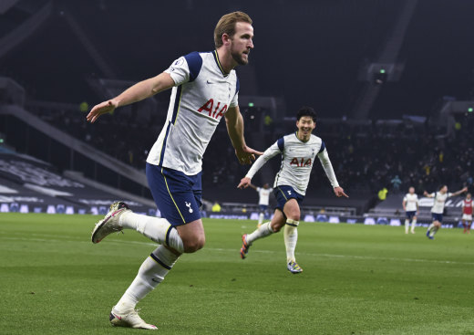 Spurs scorers Harry Kane, left, and Son Heung-min celebrate the former's goal.